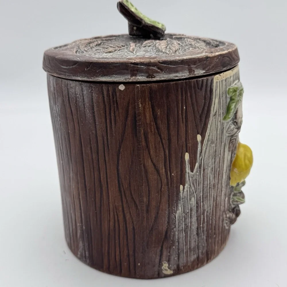 VTG Treasure Craft Tea Jar‎ Green Butterfly & Kids Ceramic WoodGrain CottageCore